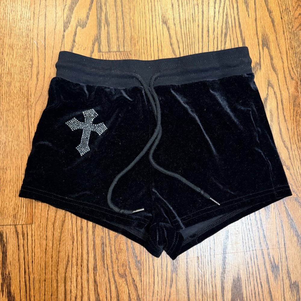 Romwe‎ Velvet Rhinestone Cross Lounge Shorts Black Size S Small Y2K Goth Velore